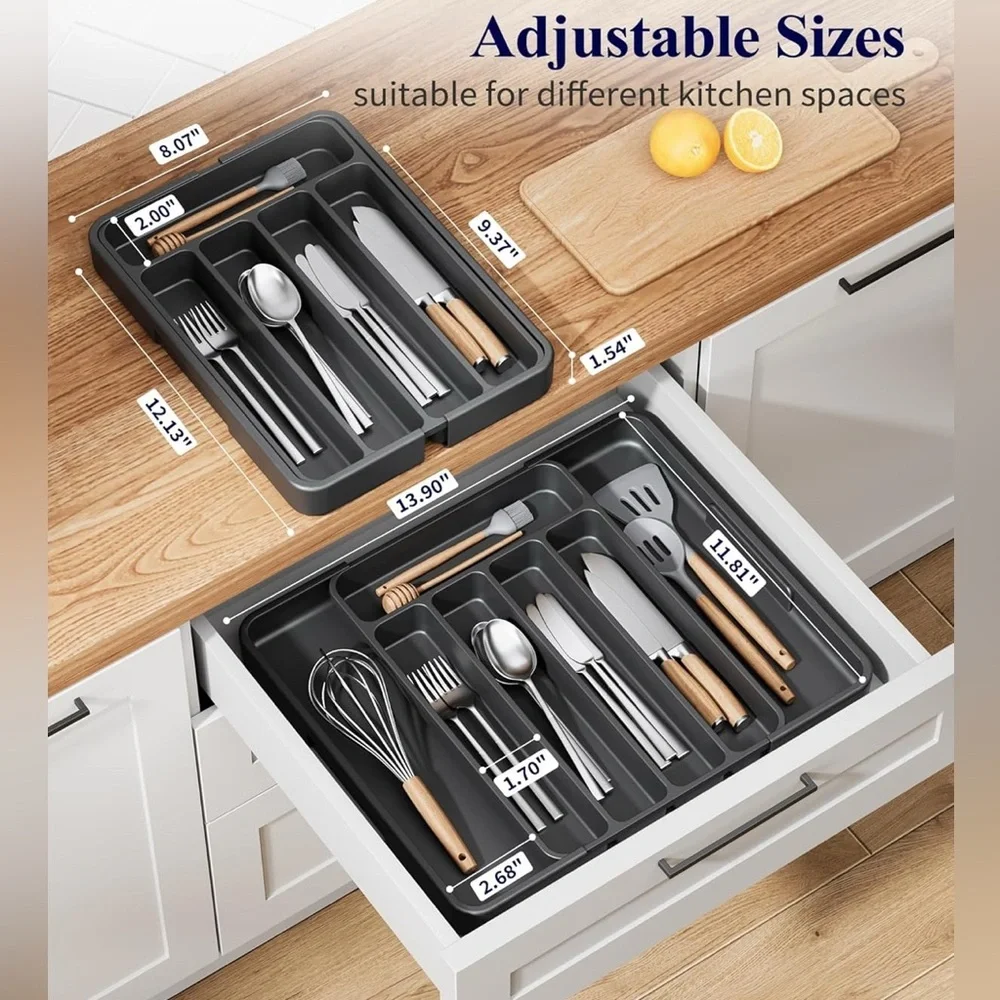 Kitsure Black Cutlery Drawer Organiser for Kitchen - Adjustable Cutlery Tray